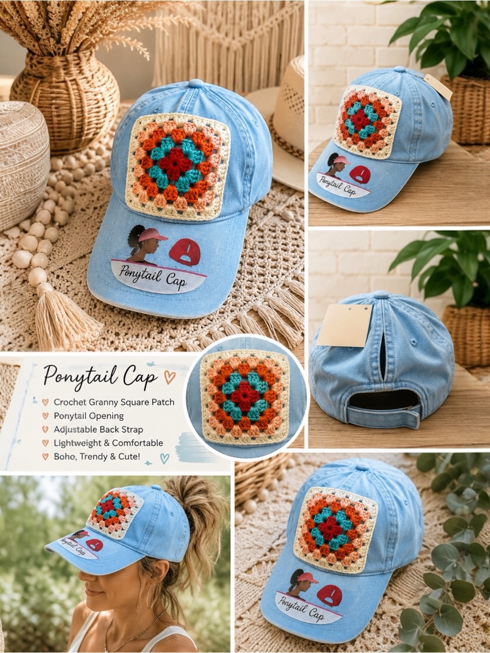Crochet Granny Square Trucker Hat 🧢 Blue Ponytail Baseball Cap Adjustable Boho - Picture 4 of 11